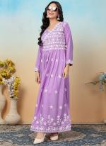 Rayon Lavender Casual Wear Chikankari Embroidery Readymade Gown With Pant